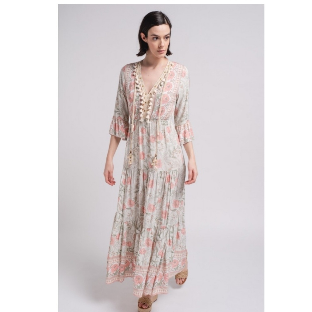 SMF 70s inspired Dusty Pastel Tiered Maxi Dress